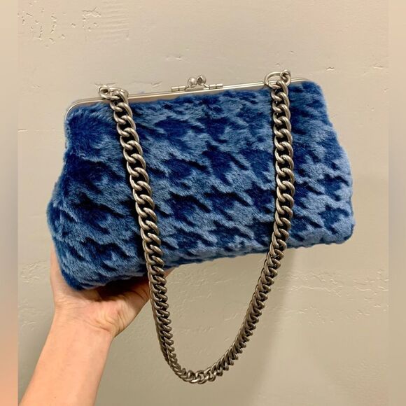 Blue Houndstooth Genuine Shearling Leather Kisslock Handbag, Multi Use Style - Picture 1 of 16